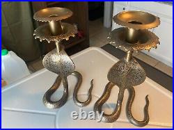 Pair of Highly Detailed Large 11.5 Brass Cobra Candlesticks Candle Holders