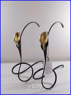 Pair of Jack Brubaker Hand Forged Iron Candle Holders Brass Lily Cup Spiral MCM