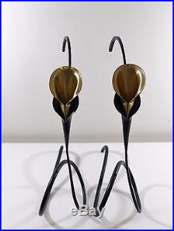 Pair of Jack Brubaker Hand Forged Iron Candle Holders Brass Lily Cup Spiral MCM