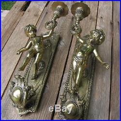 Pair of Large Ornate Brass Cherub Candle Holders / Sconces Wall Lights