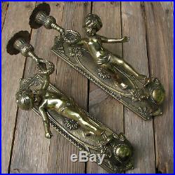 Pair of Large Ornate Brass Cherub Candle Holders / Sconces Wall Lights