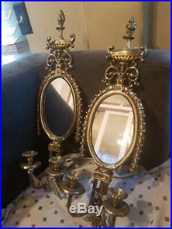 Pair of ORNATE BRASS ROCOCO style WALL MIRROR & CANDLEHOLDER hollywood regency