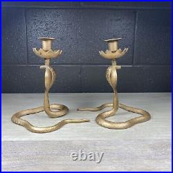 Pair of Ornate Brass Hooded Cobra Snake Candle Stick Holder 8.25 tall