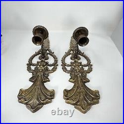 Pair of Ornate Bronze Brass Metal Candle Holder Wall Sconces Elegant Vintage
