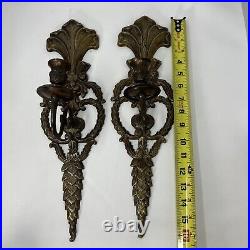 Pair of Ornate Bronze Brass Metal Candle Holder Wall Sconces Elegant Vintage