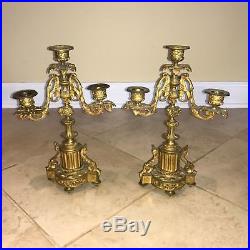 Pair of Ornate Louis XVI Style Brass 4-Light Candelabra