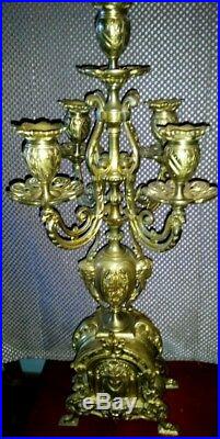 Pair of Ornate Vintage Antique French Rococo Style Putti Lion Brass Candelabras