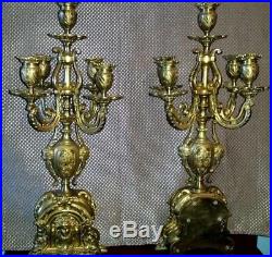 Pair of Ornate Vintage Antique French Rococo Style Putti Lion Brass Candelabras