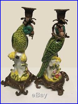 Pair of Porcelain and Brass Parrot Candleholders