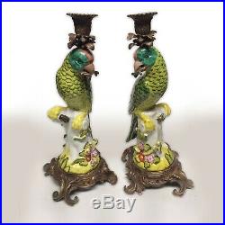 Pair of Porcelain and Brass Parrot Candleholders