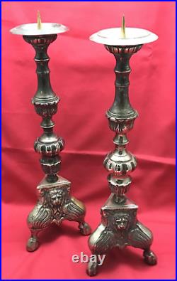 Pair of Silverplated 16.5 CANDLESTICKS Castilian Imports Figural Lions Head