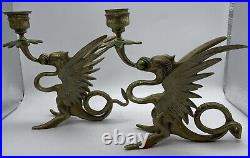 Pair of Solid Brass Griffin / Phoenix Candle Holders