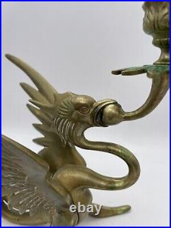 Pair of Solid Brass Griffin / Phoenix Candle Holders