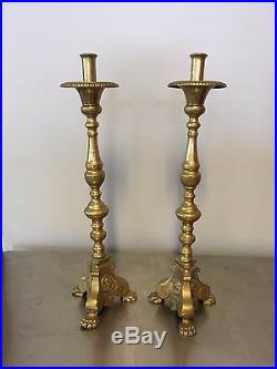 Pair of Tall 19th Century Brass French Baroque Style Candlesticks Candle Holder