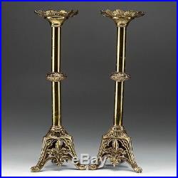 Pair of Tall Older Vintage Brass Candlesticks with Foliate Pattern