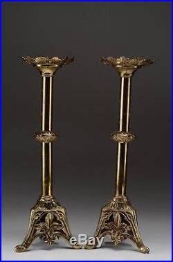 Pair of Tall Older Vintage Brass Candlesticks with Foliate Pattern