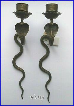 Pair of Unique Vintage Ornate Brass Cobra Snake Candle Holders, Wall Sconces