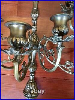 Pair of Vintage 5 Arm Brass Candelabra Wall Sconces