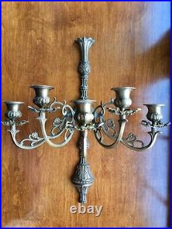 Pair of Vintage 5 Arm Brass Candelabra Wall Sconces