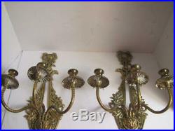 Pair of Vintage Antique Gold brass Wall Sconces Candle Holders Ornate 6 Arms