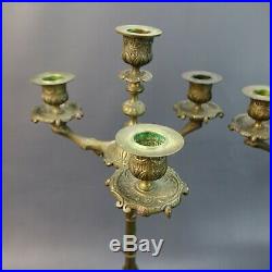 Pair of Vintage Antique Ornate Brass & Marble Footed 4 Candle Candelabras