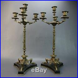 Pair of Vintage Antique Ornate Brass & Marble Footed 4 Candle Candelabras