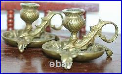 Pair of Vintage Brass Bronze Thistle Pattern Chamberstick Candlestick Holders