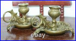 Pair of Vintage Brass Bronze Thistle Pattern Chamberstick Candlestick Holders