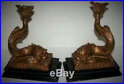 Pair of Vintage Brass Dolphin Koi Fish Candlestick Candle Holders on Wood Base