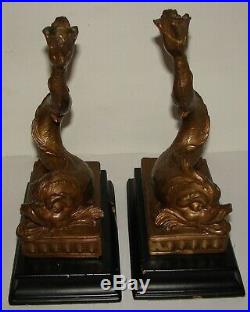 Pair of Vintage Brass Dolphin Koi Fish Candlestick Candle Holders on Wood Base
