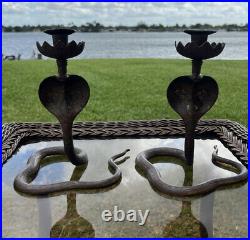 Pair of Vintage Brass Hand Painted Enameled Cobra Snake Candle Holders
