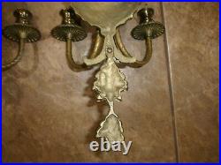 Pair of Vintage Double Arm Heavy Metal Bronze Brass Candle Holder Wall Sconces