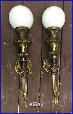 Pair of Vintage GIM Model 571 Electric Brass Wall Sconces With Glass Globes