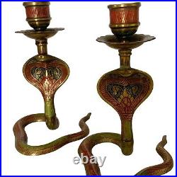 Pair of Vintage Ornate Cobra Snake Hammered & Painted Brass Candle Stick Holders