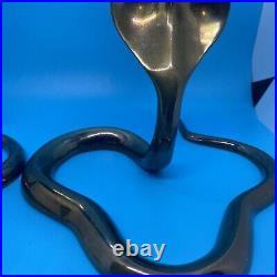 Pair of Vintage Smooth Brass Hooded Cobra Snake Candle Holders Very Nice Color