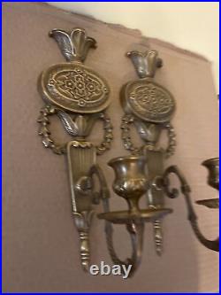 Pair of Vintage Solid Brass Candle Wall Sconces Floral Ornate