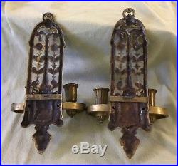 Pair of Vintage Solid Brass Gothic Wall Sconces Candle Holders Set Ornate