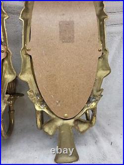 Pair of Vtg Ornate Solid Brass Wall Sconce Mirrors & Candle Holder 19 cls1020