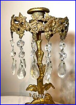 Pair of antique ornate girandole bronze crystal candelabra candle holder brass