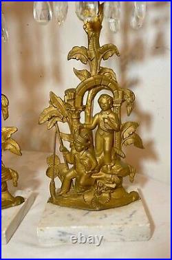 Pair of antique ornate girandole bronze crystal candelabra candle holder brass