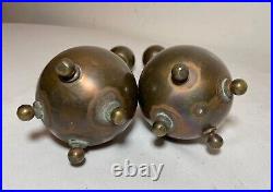 Pair of antique spherical bronze Arts & Crafts brass candlesticks candle holders