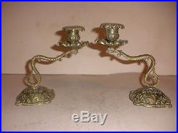 Pair of nice Antique 19thc brass decorated candlesticks figural snakes