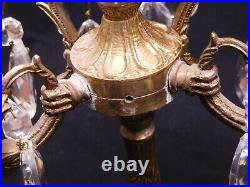 Pair vintage antique metal brass candleabras 4 candle glass prisms