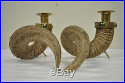 Pairof Vintage Brass Faux Rams Horn Hollywood Regency Candlesticks Candleholders