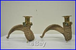 Pairof Vintage Brass Faux Rams Horn Hollywood Regency Candlesticks Candleholders