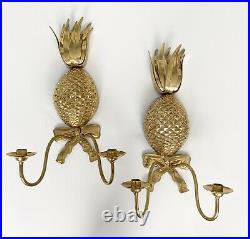 Pineapple Gilt Metal Wall Candle Holder Sconce Set Hollywood Regency Gold Vtg