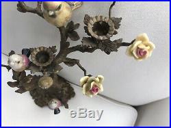 Porcelain Brass Candlestick Candle Holders Handpainted Flowers & Birds