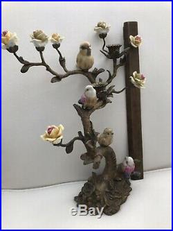 Porcelain Brass Candlestick Candle Holders Handpainted Flowers & Birds