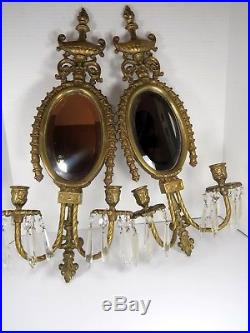 Pr Antique Bronze Brass Wall Sconce Candle Holders Beveled Glass Mirror Prisms