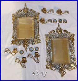 Pr Antique English Sheffield Brass Mirrored Wall Sconces Candle Holders Face